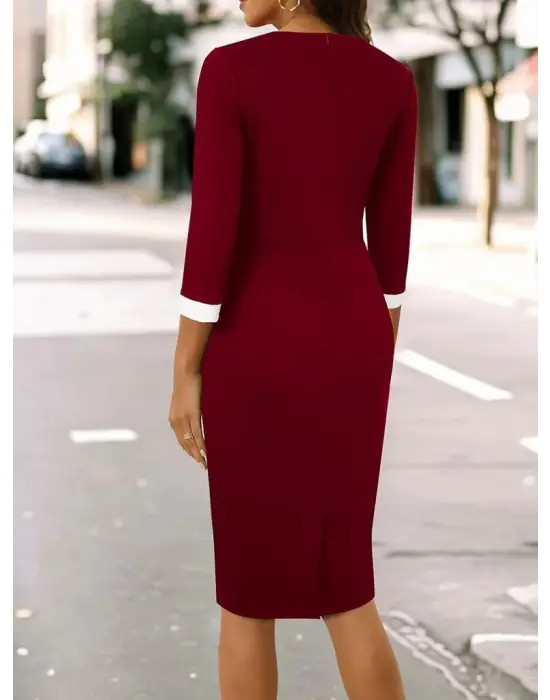 Kadın Truvakar Kol çift Renkli Düğmeli Kısa Ithal Krep Elbise