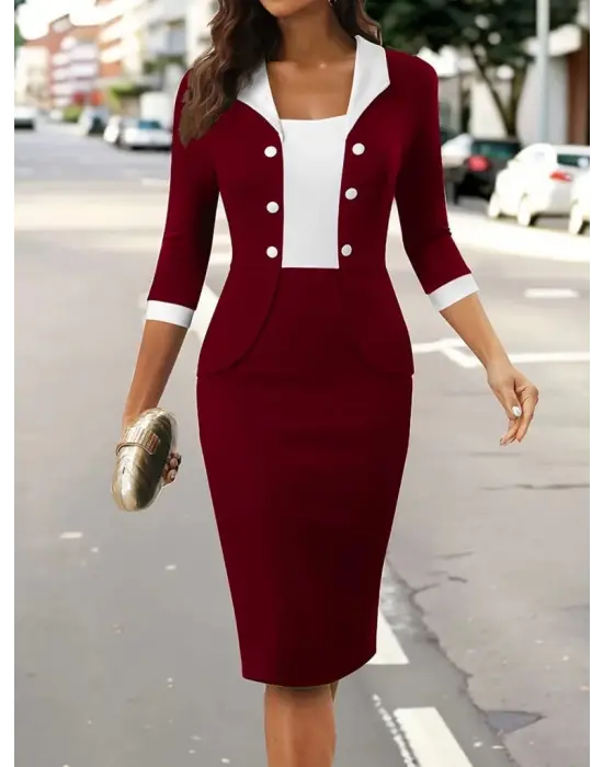 Kadın Truvakar Kol çift Renkli Düğmeli Kısa Ithal Krep Elbise