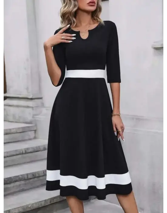 Kadın Truvakar Kol V Yakalı Janjan Krep Midi Elbise