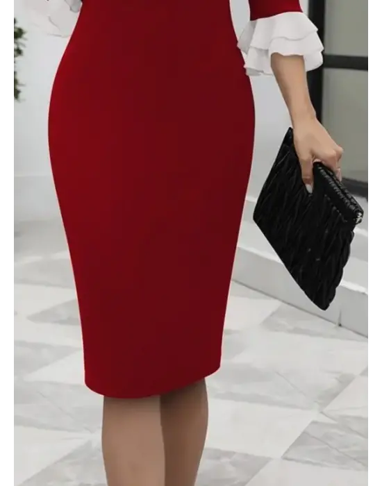 Kadın Truvakar Kollu Fiyonk Yakalı Midi Ithal Krep Elbise