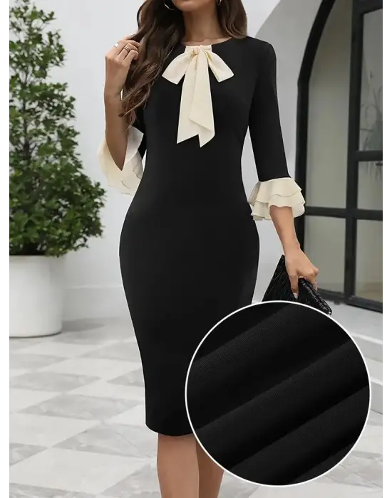 Kadın Truvakar Kollu Fiyonk Yakalı Midi Ithal Krep Elbise