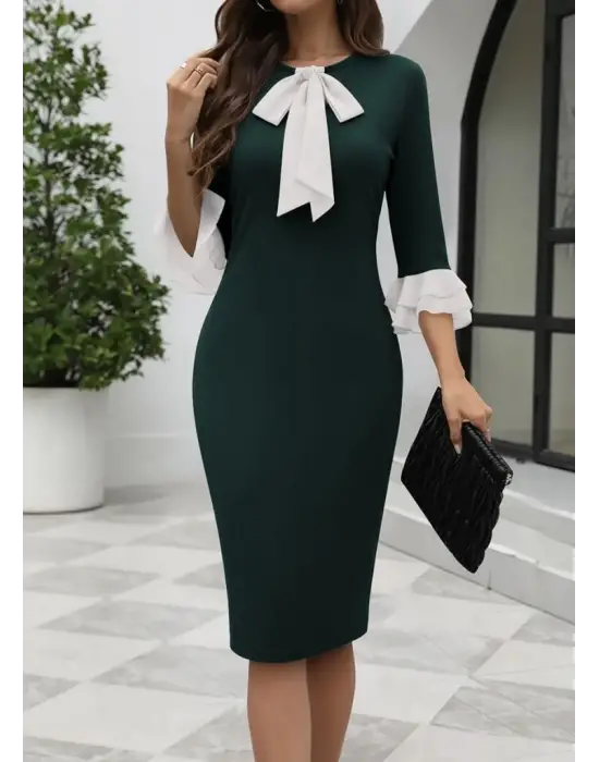 Kadın Truvakar Kollu Fiyonk Yakalı Midi Ithal Krep Elbise