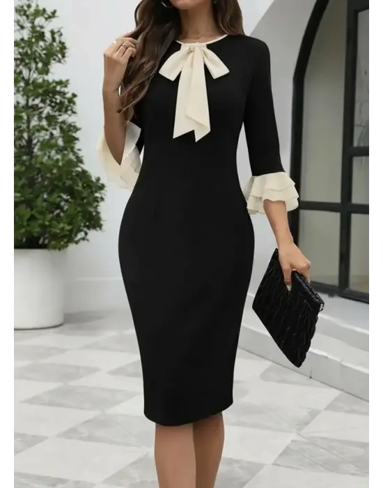 Kadın Truvakar Kollu Fiyonk Yakalı Midi Ithal Krep Elbise