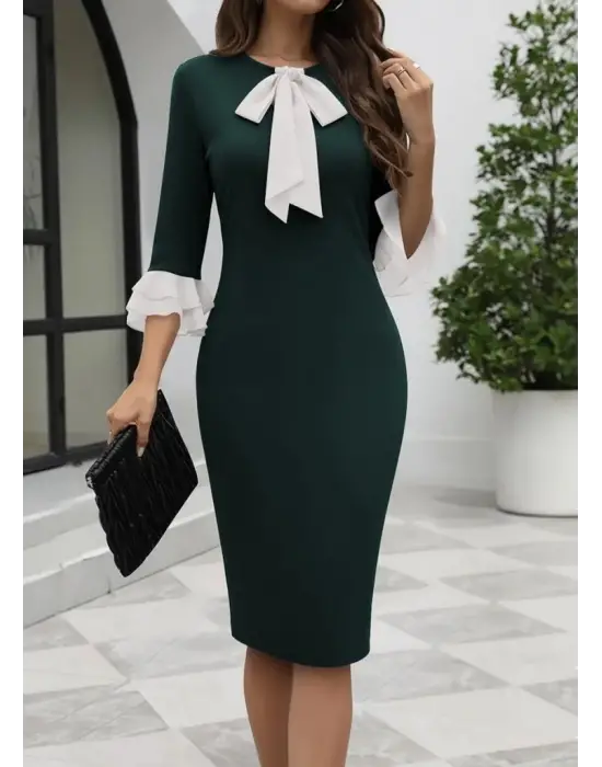 Kadın Truvakar Kollu Fiyonk Yakalı Midi Ithal Krep Elbise