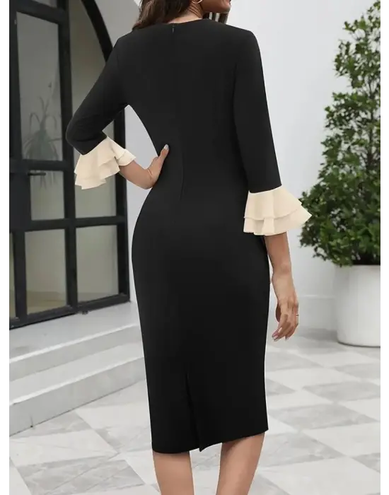 Kadın Truvakar Kollu Fiyonk Yakalı Midi Ithal Krep Elbise