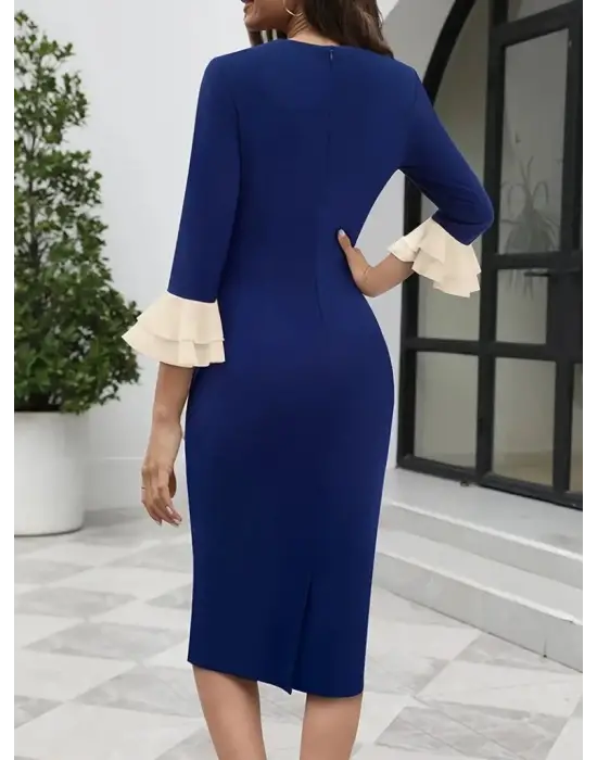 Kadın Truvakar Kollu Fiyonk Yakalı Midi Ithal Krep Elbise