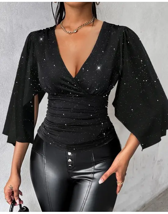 Kadın Truvakar Kollu Kruvaze Yakalı Simli Sandy Bluz