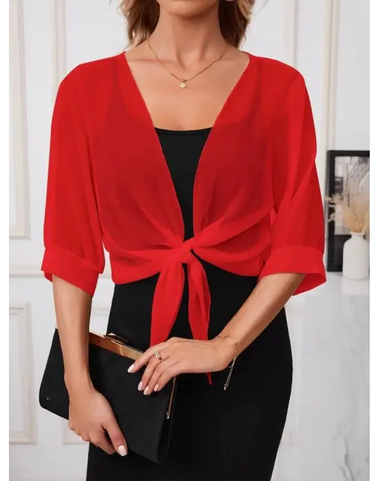 Kadın Truvakar Kollu önden Bağlamalı Kısa şifon Bolero Ceket