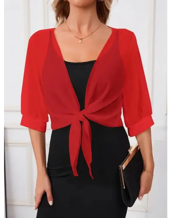 Kadın Truvakar Kollu önden Bağlamalı Kısa şifon Bolero Ceket