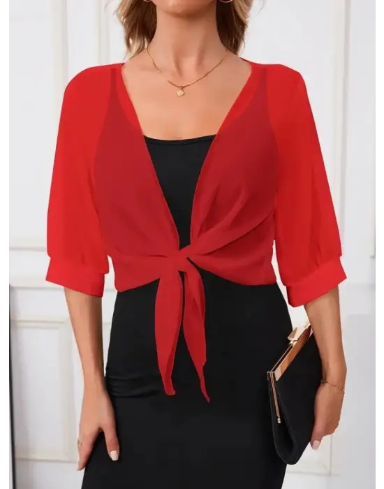 Kadın Truvakar Kollu önden Bağlamalı Kısa şifon Bolero Ceket