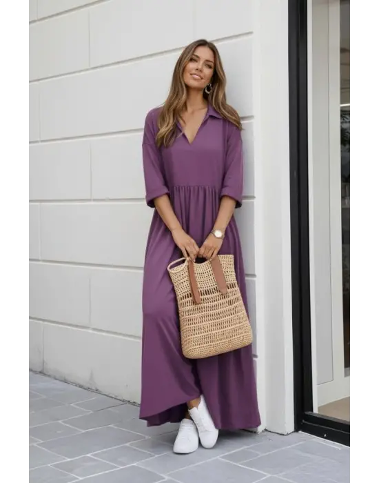 Kadın Truvakar Kollu V Yakalı Yırtmaçlı Uzun Aerobin Elbise