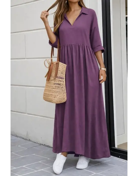 Kadın Truvakar Kollu V Yakalı Yırtmaçlı Uzun Aerobin Elbise