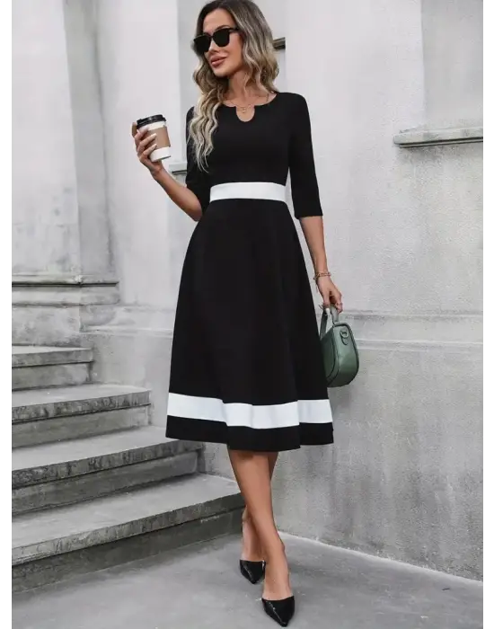 Kadın Truvakarkol Yakası Açık Blok Renkli Krep Midi Elbise