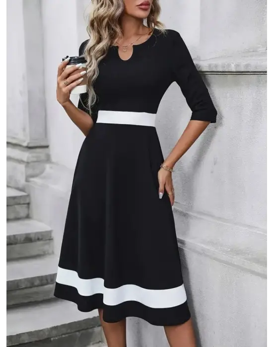 Kadın Truvakarkol Yakası Açık Blok Renkli Krep Midi Elbise