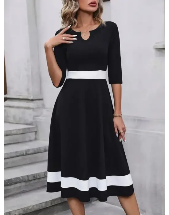 Kadın Truvakarkol Yakası Açık Blok Renkli Krep Midi Elbise