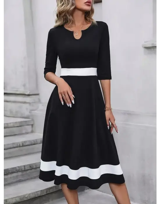 Kadın Truvakarkol Yakası Açık Blok Renkli Krep Midi Elbise