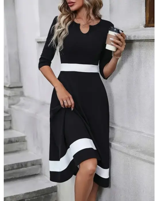 Kadın Truvakarkol Yakası Açık Blok Renkli Krep Midi Elbise