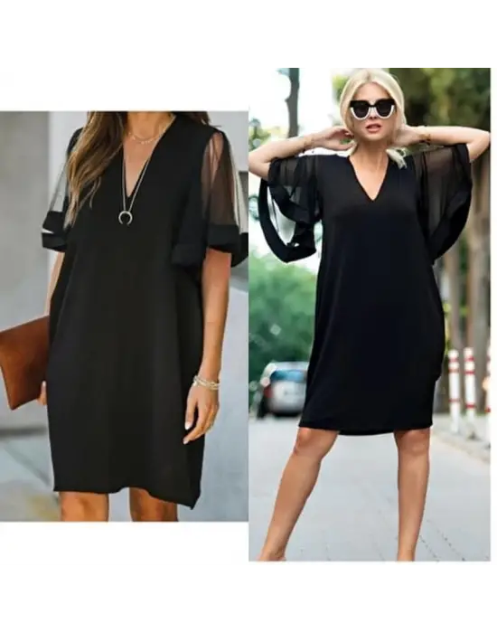 Omarı Elegan Kadın V Yaka Tüllü Elbise