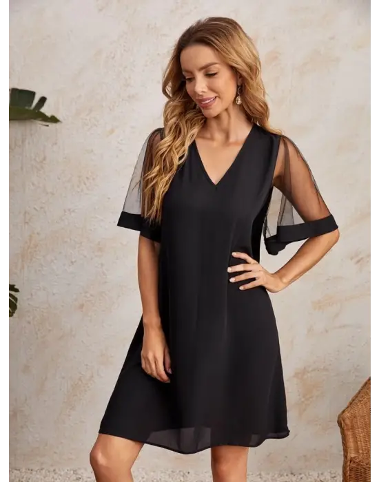 Omarı Elegan Kadın V Yaka Tüllü Elbise