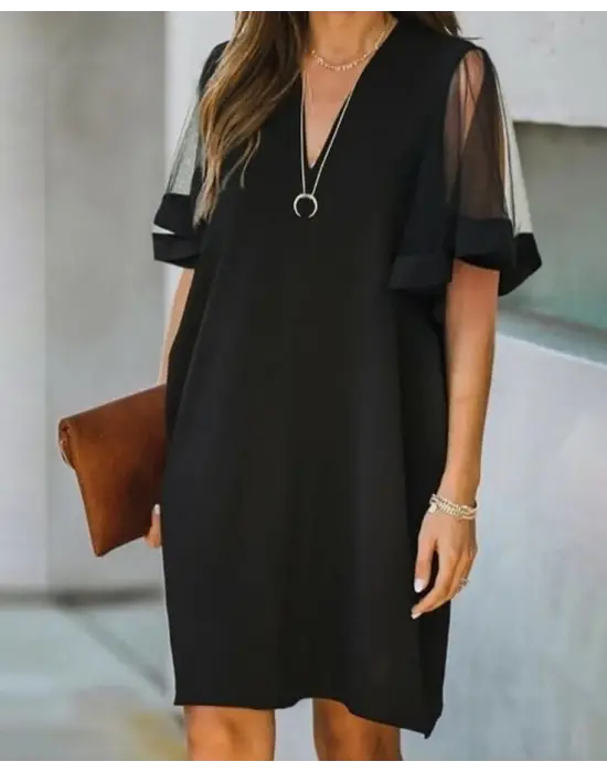 Omarı Elegan Kadın V Yaka Tüllü Elbise