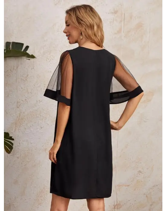 Omarı Elegan Kadın V Yaka Tüllü Elbise