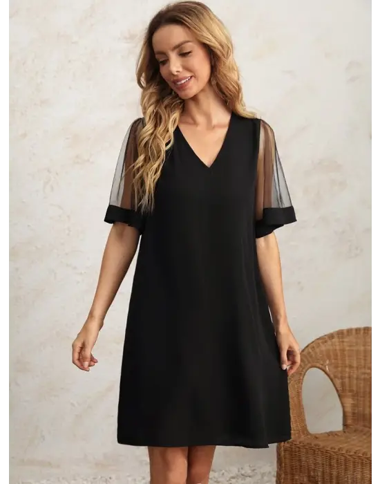 Omarı Elegan Kadın V Yaka Tüllü Elbise