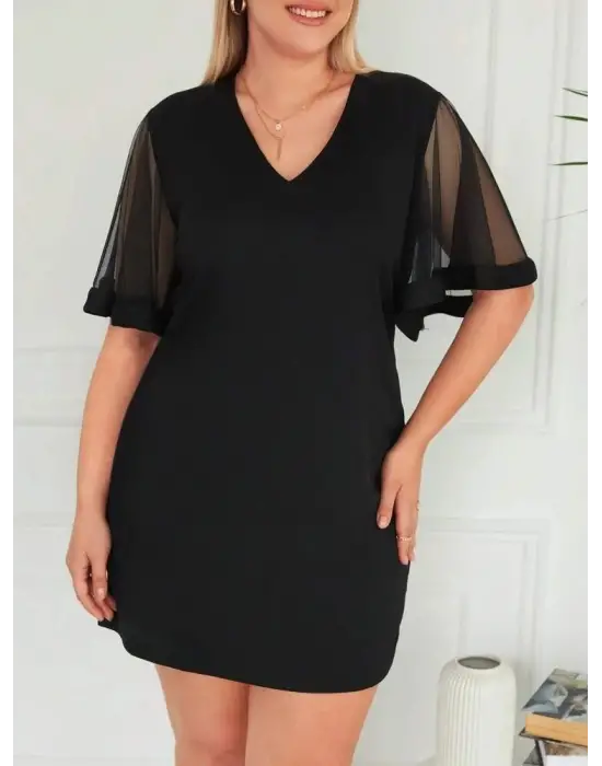 Omarı Elegan Kadın V Yaka Tüllü Elbise