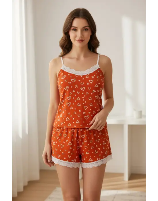 Kadın Turuncu Kalp Desenli Askılı Şortlu Dantelli Pijama Takımı