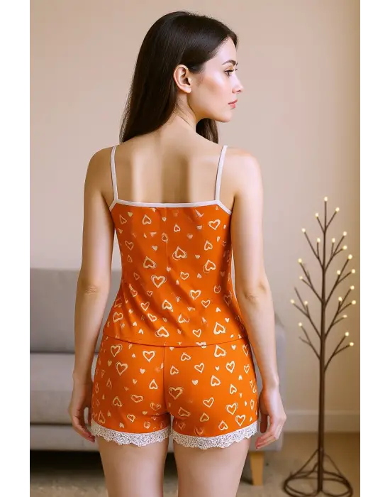 Kadın Turuncu Kalp Desenli Askılı Şortlu Dantelli Pijama Takımı