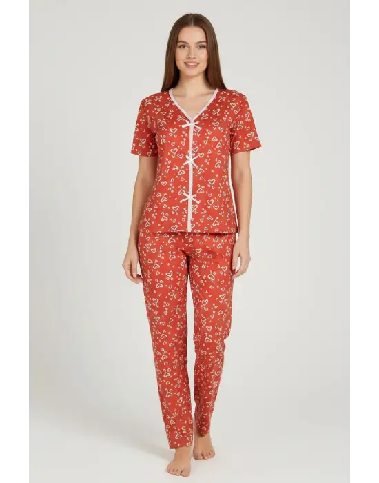 Kadın Turuncu Kalp Desenli Fiyonklu Kısa Kollu Uzun Pijama Takımı