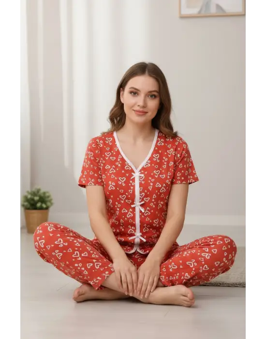 Kadın Turuncu Kalp Desenli Fiyonklu Kısa Kollu Uzun Pijama Takımı