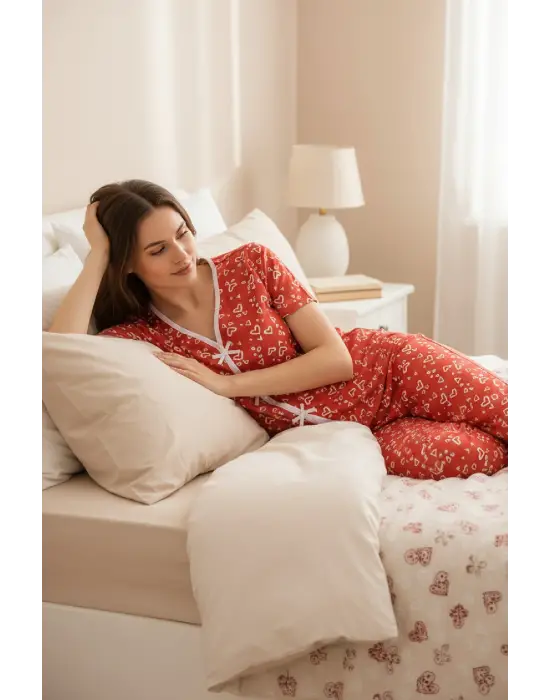 Kadın Turuncu Kalp Desenli Fiyonklu Kısa Kollu Uzun Pijama Takımı