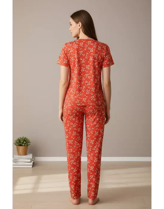 Kadın Turuncu Kalp Desenli Fiyonklu Kısa Kollu Uzun Pijama Takımı