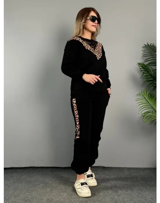 Kadın üç Iplik Kumaş Leopar Desenli Dantel Detaylı Ikili Takım