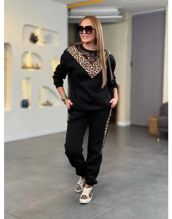 Kadın üç Iplik Kumaş Leopar Desenli Dantel Detaylı Ikili Takım