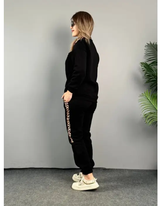 Kadın üç Iplik Kumaş Leopar Desenli Dantel Detaylı Ikili Takım