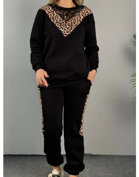 Kadın üç Iplik Kumaş Leopar Desenli Dantel Detaylı Ikili Takım