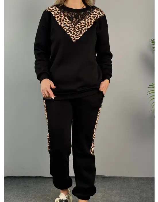 Kadın üç Iplik Kumaş Leopar Desenli Dantel Detaylı Ikili Takım