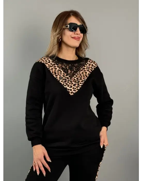 Kadın üç Iplik Kumaş Leopar Desenli Dantel Detaylı Ikili Takım
