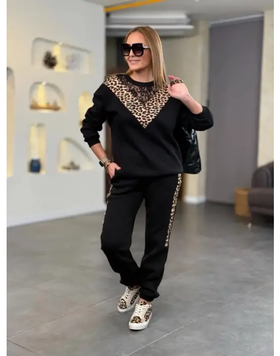 Kadın üç Iplik Kumaş Leopar Desenli Dantel Detaylı Ikili Takım