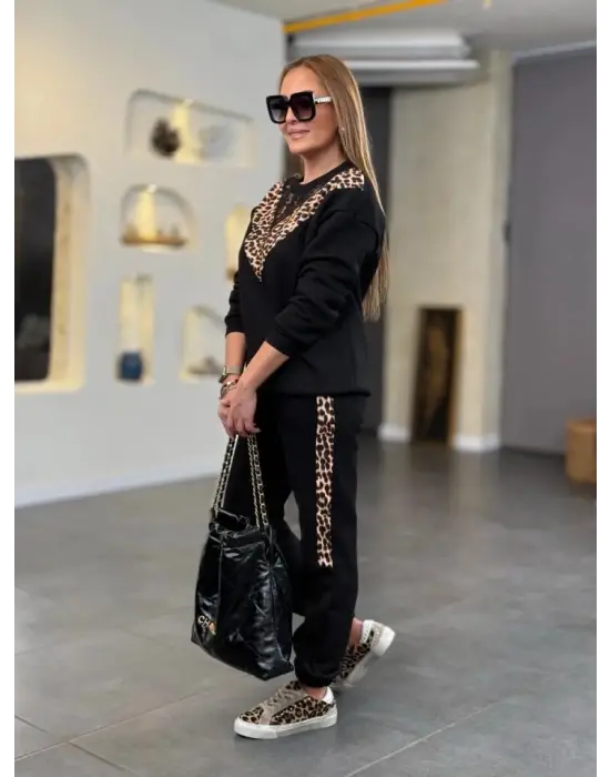 Kadın üç Iplik Kumaş Leopar Desenli Dantel Detaylı Ikili Takım