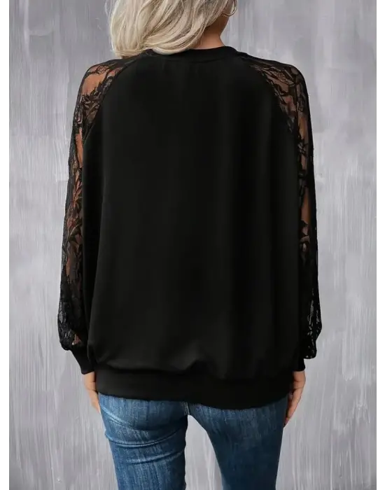 Kadın Uzun Dantel Kollu Bisiklet Yaka Viskon Bluz