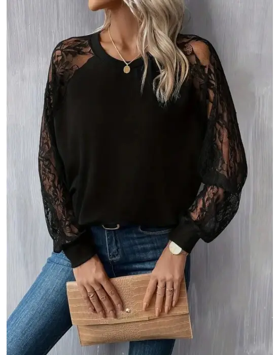 Kadın Uzun Dantel Kollu Bisiklet Yaka Viskon Bluz