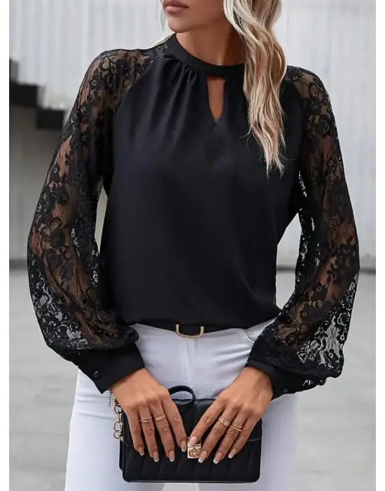 Kadın Uzun Dantel Kollu Yuvarlak Yakalı Sandy Bluz