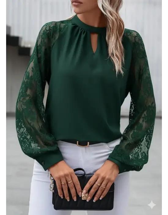 Kadın Uzun Dantel Kollu Yuvarlak Yakalı Sandy Bluz