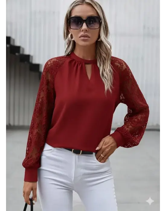 Kadın Uzun Dantel Kollu Yuvarlak Yakalı Sandy Bluz