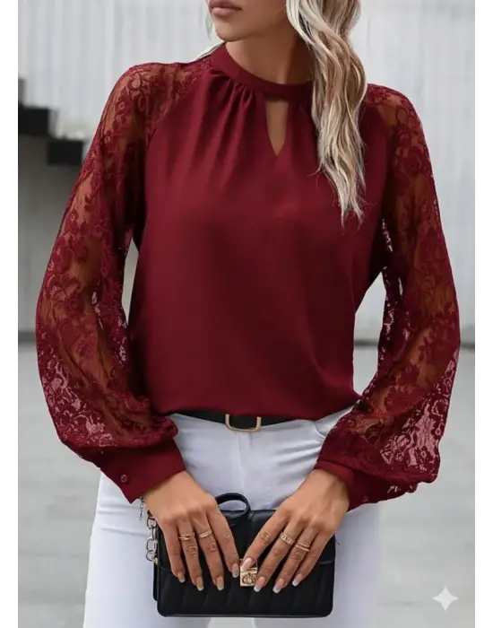 Kadın Uzun Dantel Kollu Yuvarlak Yakalı Sandy Bluz