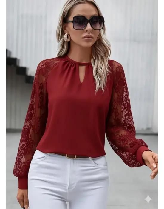 Kadın Uzun Dantel Kollu Yuvarlak Yakalı Sandy Bluz