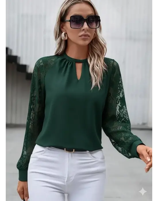 Kadın Uzun Dantel Kollu Yuvarlak Yakalı Sandy Bluz