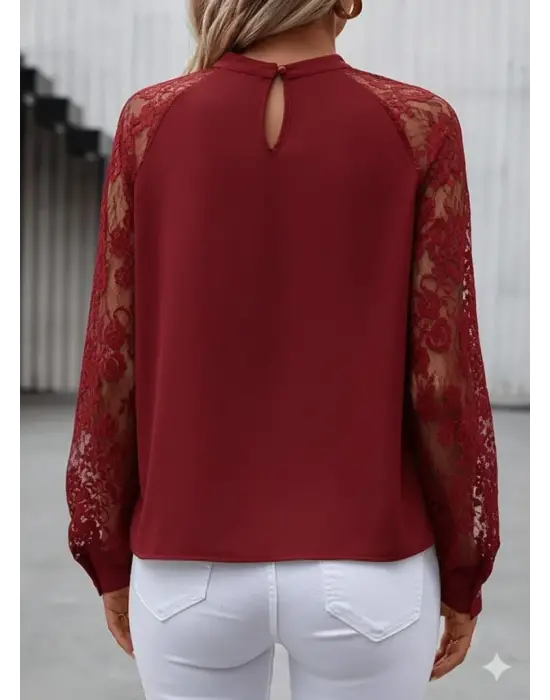 Kadın Uzun Dantel Kollu Yuvarlak Yakalı Sandy Bluz